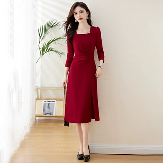 春秋季新款红色长袖连衣裙新娘婚宴装礼服洋气打底裙 Z5193