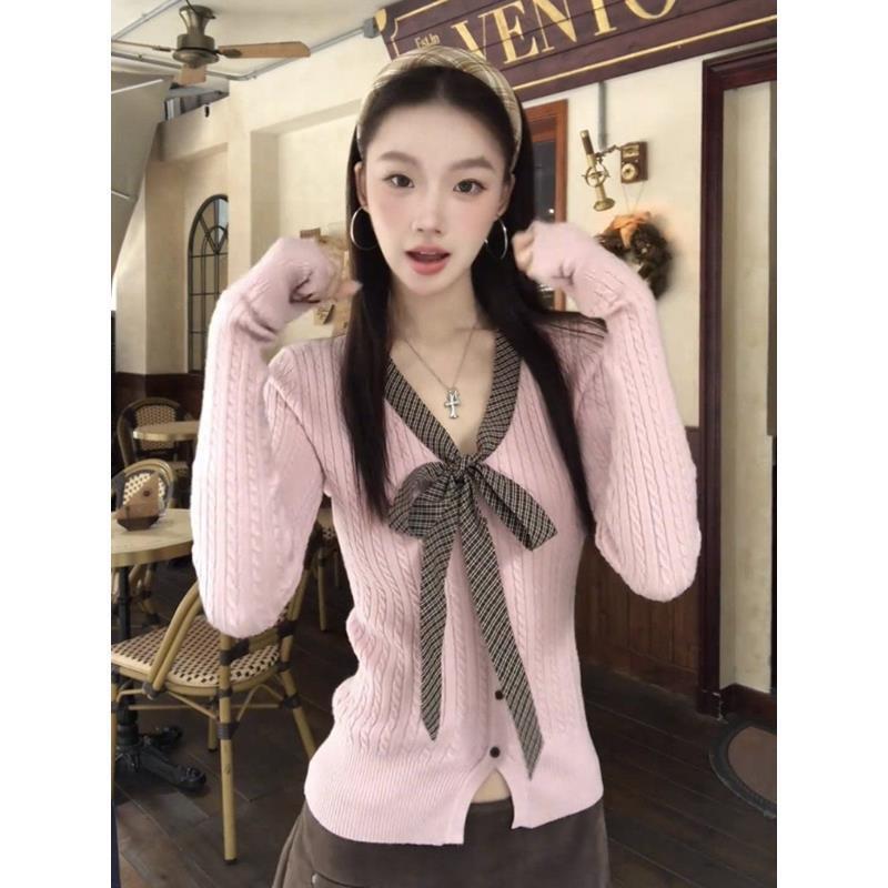 Korean-Style Pink Striped Plaid Tie-Up Long-Sleeve Knit Sweater for Women, Autumn and Winter Slim-Fit Stretchy Stylish Base Top Korean-Style Pink Striped Plaid Tie-Up Long-Sleeve Knit Sweater for Women, Autumn and Winter Slim-Fit Stretchy Stylish Base Top