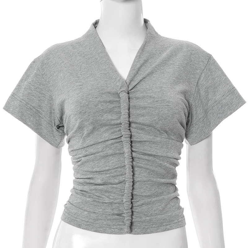 New Solid Color And V-neck Sexy Symmetrical Pleated Short Sleeve