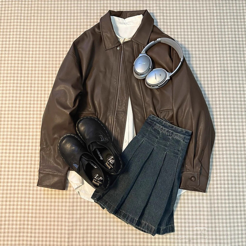 Women's Leather Jacket Autumn New Style Petite Hong Kong Style Retro Biker Pu Jacket Melard Outfit Women's Leather Jacket Autumn New Style Petite Hong Kong Style Retro Biker Pu Jacket Melard Outfit