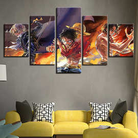 现代简约五联卡通动漫路飞 喷绘画 创意沙发背景墙装饰画挂画油画