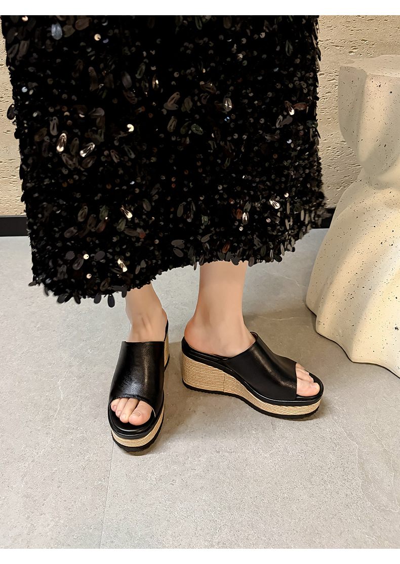 Sandal cao gót nữ mũi hở đế xuồng bọc cói phong cách La Mã — màu đen, màu trắng ngà chi tiết 12