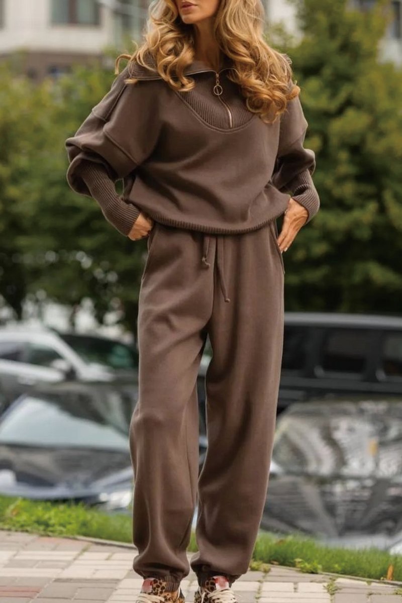 Women's Clothing 2024 independent station new styles_Autumn and winter temperament leisure solid color zipper sweater two piece suit_voghion.com