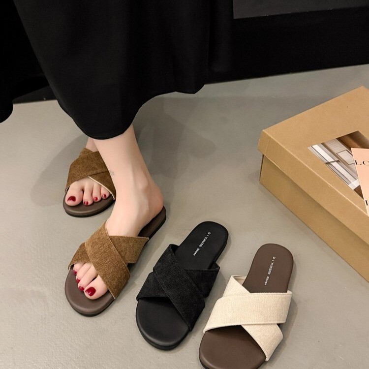 Flat Cross-Strap Slippers for Women to Wear Outside 2025 New Summer Retro Vacation Seaside Beach Sandals Flat Cross-Strap Slippers for Women to Wear Outside 2025 New Summer Retro Vacation Seaside Beach Sandals
