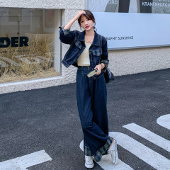 实拍松弛感减龄牛仔套装女秋季2025新款休闲港风衬衫阔腿裤两件套