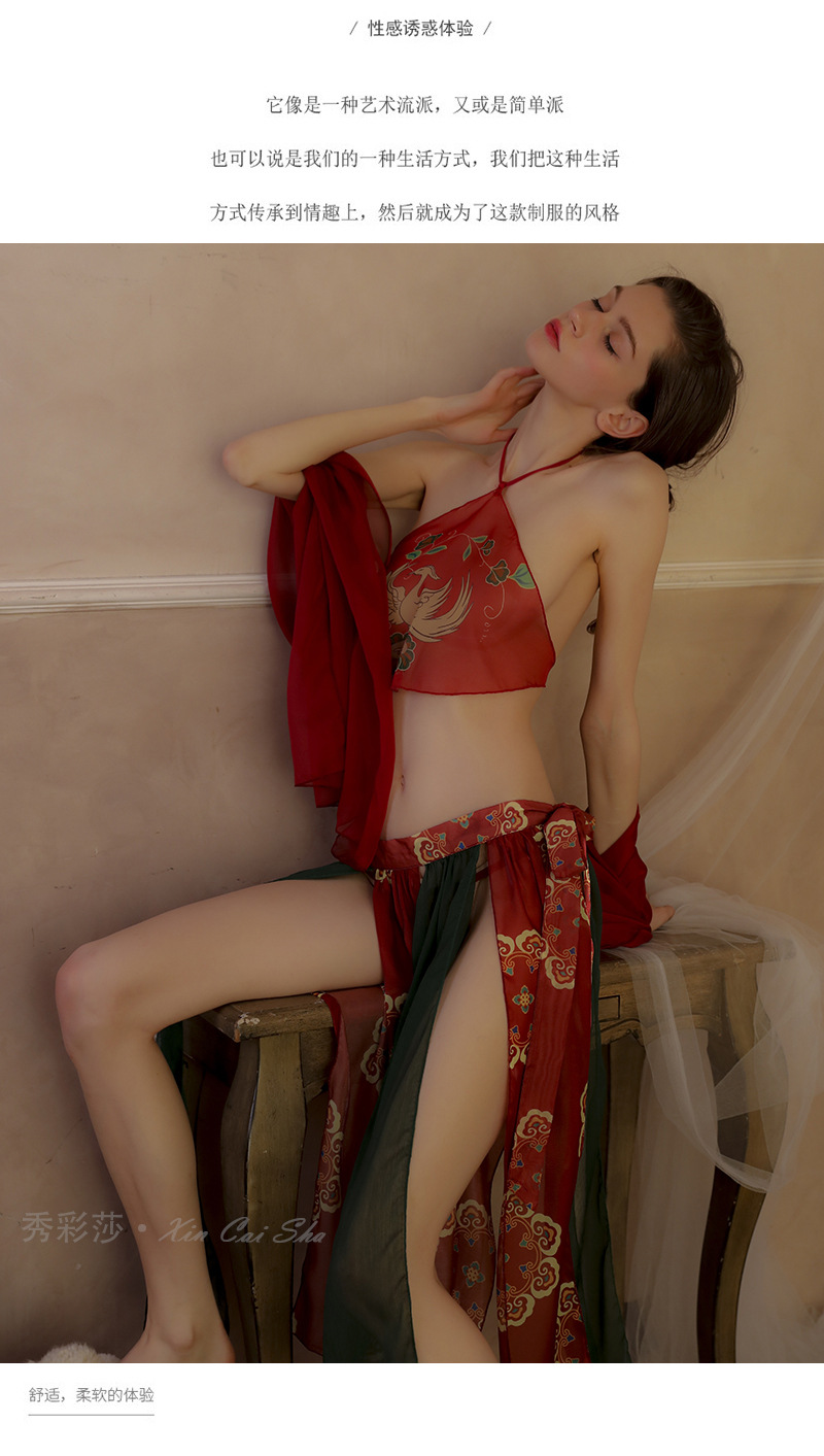 Sexy Hanfu Bellyband Nightgown Set with Shawl, Mesh Skirt and Thong — detail image 4