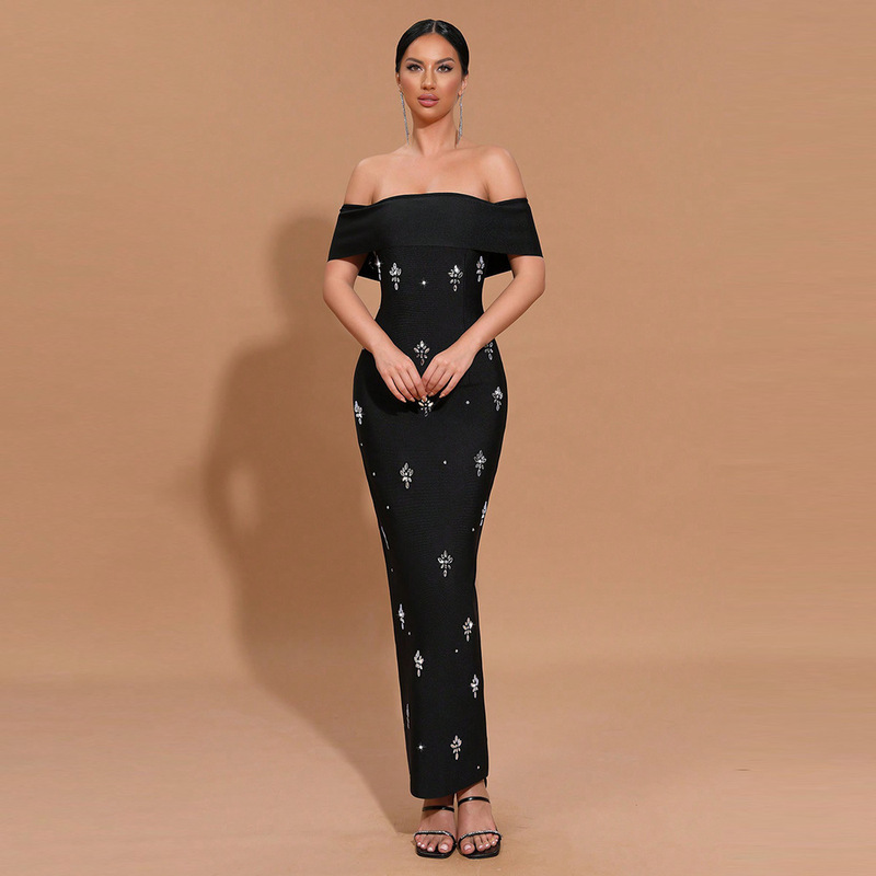New women's sexy strapless sparkling diamond backless slim-fit long strap dress, elegant formal wear for ladies