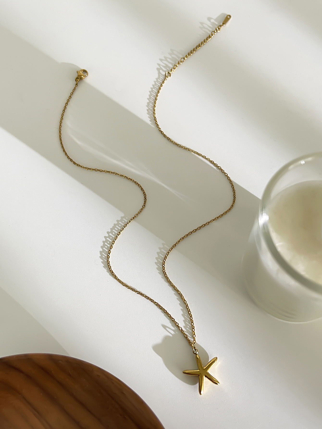 Starfish, Hippocampus Pattern 18K Gold Plated 316L Stainless Steel Rhinestones Starfish Hippocampus Waterproof Non Tarnish Surgical Steel IG Style Cable Chain Pendant Necklace For Women's