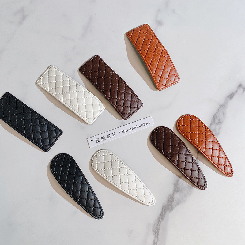 Korean style new square water drop rhombus hairpin simple back head black and white BB clip PU leather fashion hairpin hair accessories