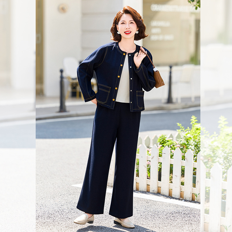 Mother's Spring and Autumn Denim Suit, New Elegant and Noble Short Jacket, Top for Middle-Aged and Elderly Women, Thin Wide-Leg Pants Mother's Spring and Autumn Denim Suit, New Elegant and Noble Short Jacket, Top for Middle-Aged and Elderly Women, Thin Wide-Leg Pants