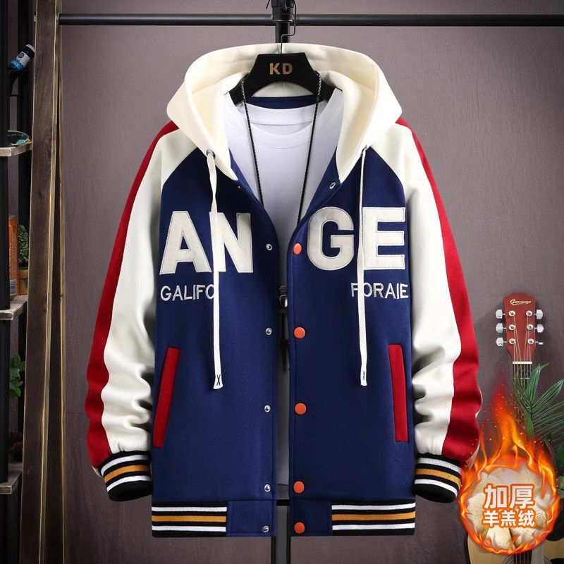 Autumn and winter fleece-lined thick coat men's Senior high school junior high school students cotton-padded jacket teenagers handsome big boy men's baseball uniform