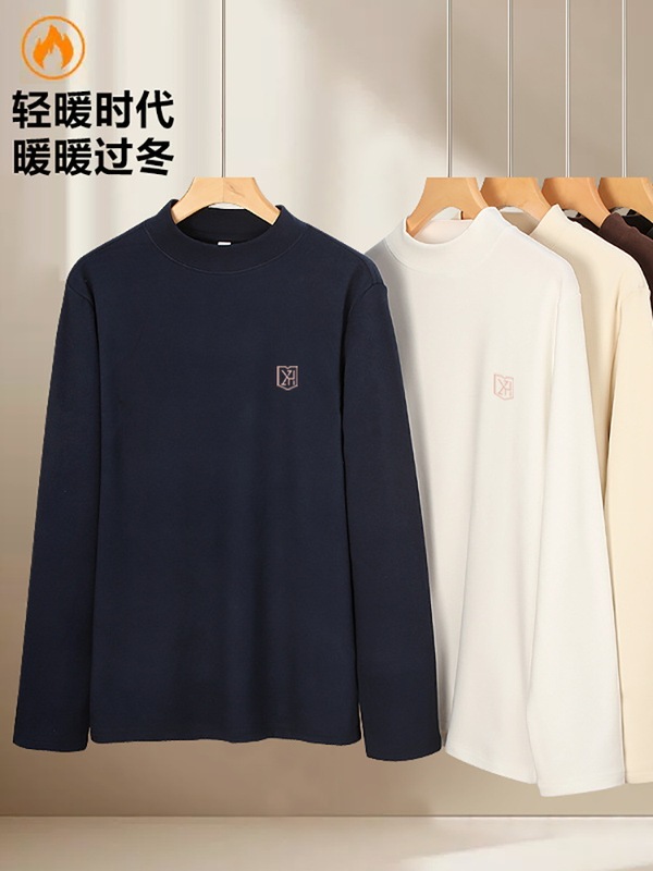 半高领双面德绒打底衫男士T恤春秋款内搭纯色加绒保暖长袖上衣t恤|undefined