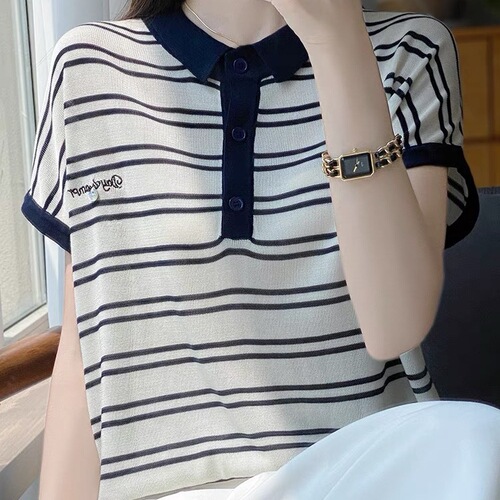 Baby Collar Striped Short Sleeve T-Shirt for Women - Summer 2025 Base Shirt for Women - Stylish Women's Fashion Chiffon Knit Top