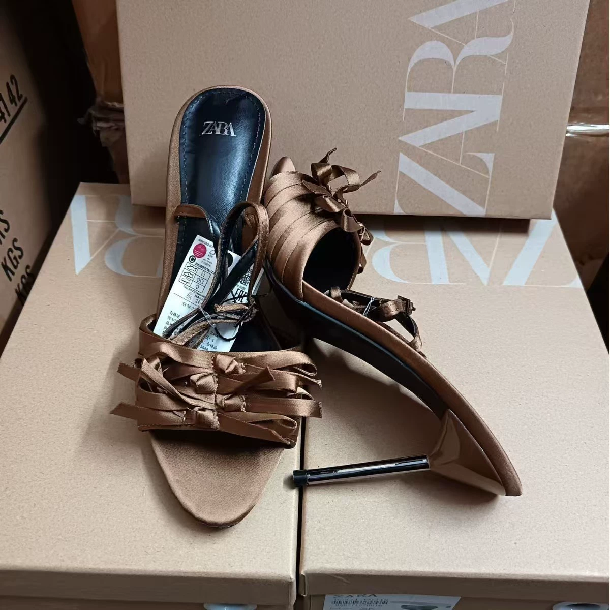 ZA 2025 spring and summer new one-strip olive brown bow decoration sandals brown stiletto heel hollow fashion women's shoes