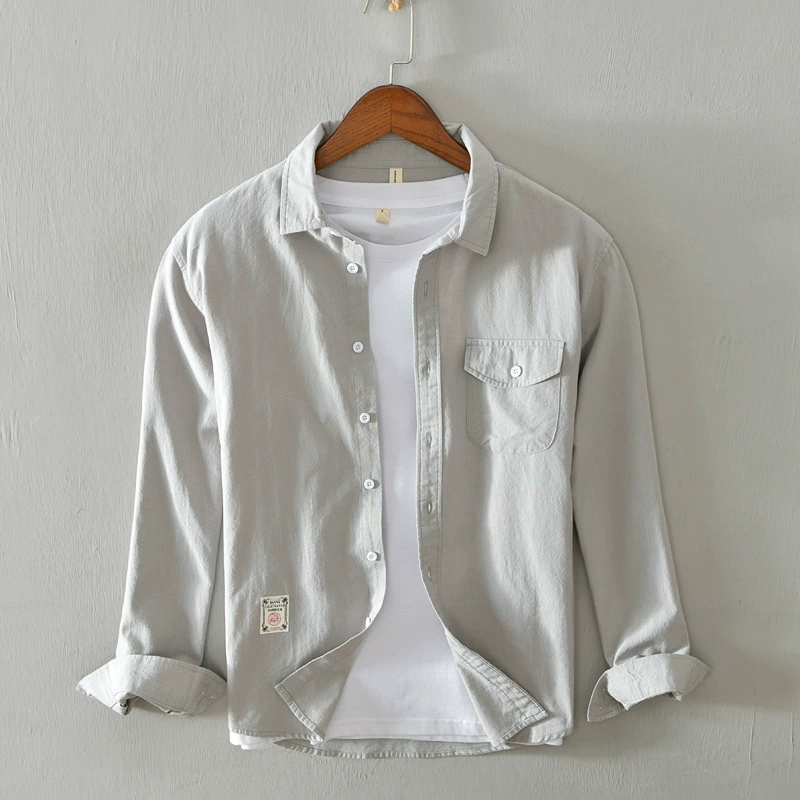 L703 японская простая серая рубашка мужская повседневная Легкая рубашка без железа в стиле ретро с Длинным Рукавом Молодежная цельная шерсть