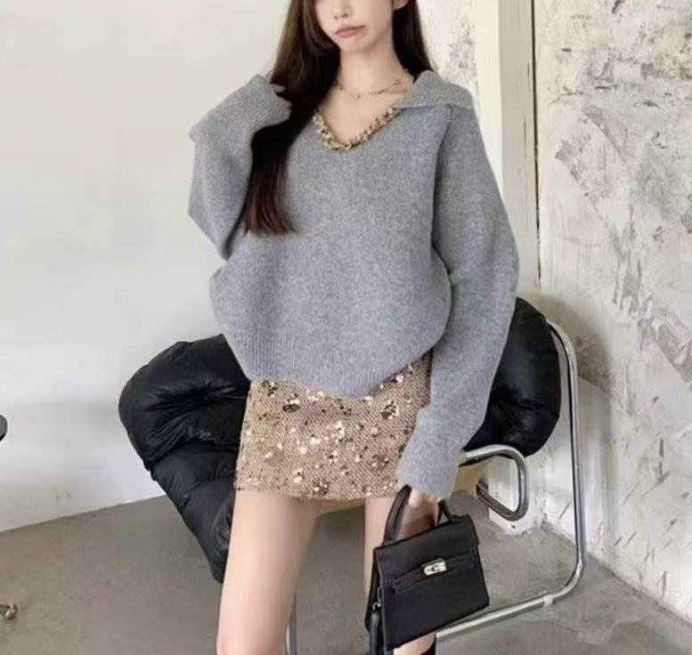 设计感重工编织翻领毛衣女冬季新款复古气质宽松显瘦针织上衣|undefined