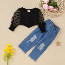 SAMGAMIBABY女童春装套装洋气圆点网纱袖不规则上衣牛仔裤两件套