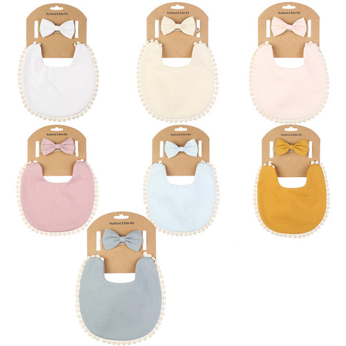 Cross-border new baby solid color lace saliva towel baby anti-vomiting children's bib pocket bow headband set