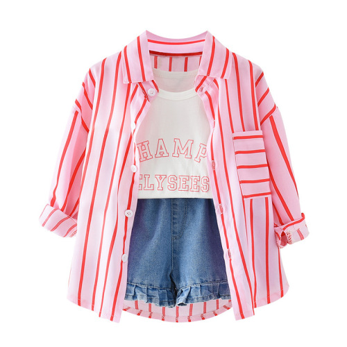 Girls' Summer Short Set Korean Style Striped Long Sleeve Shirt + V-Neck Pants Three-Piece Set