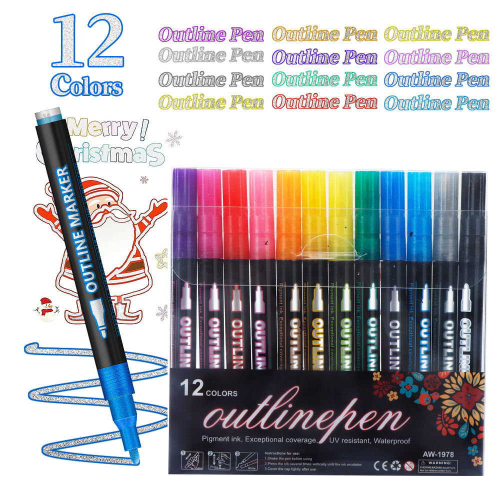 Transfronterizo venta caliente TEMU doble línea de contorno bolígrafo 48 color conjunto de cuentas de mano DIY creativo marcador bolígrafo marcador fluorescente