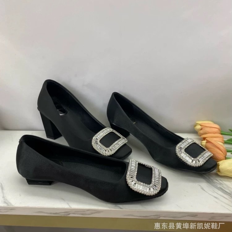 High-End Women's Shoes, Silks and Satins Thick Heel Flats for Women, 2025 Spring & Fall Square Buckle Rhinestones, Versatile Leg-Lengthening Slip-On High Heels