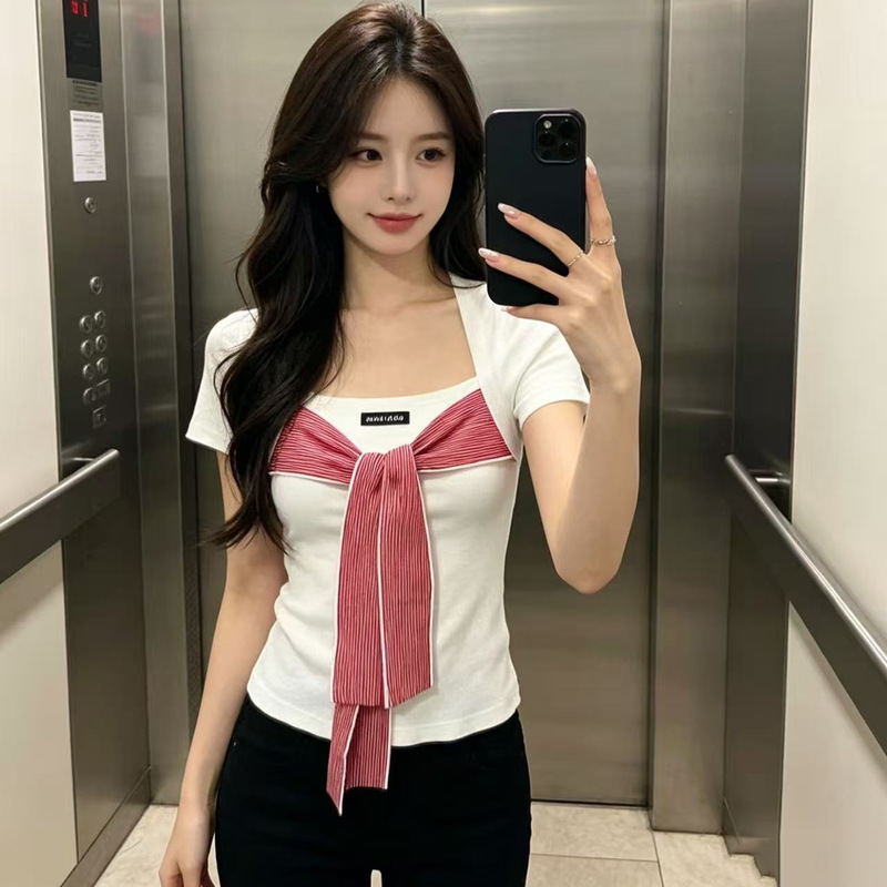 Cross-Border Mu Front-Tie Short-Sleeve Retro Striped Color-Block T-Shirt for Women, Short Slim-Fit Bow Top, Spicy Girl Outfit