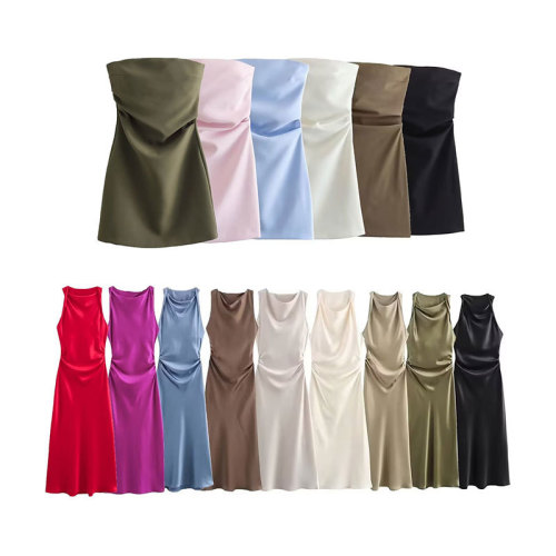 Spring European and American Fashion Midi Dress with Round Neck, Sleeveless, Black Satin Texture Long Dress