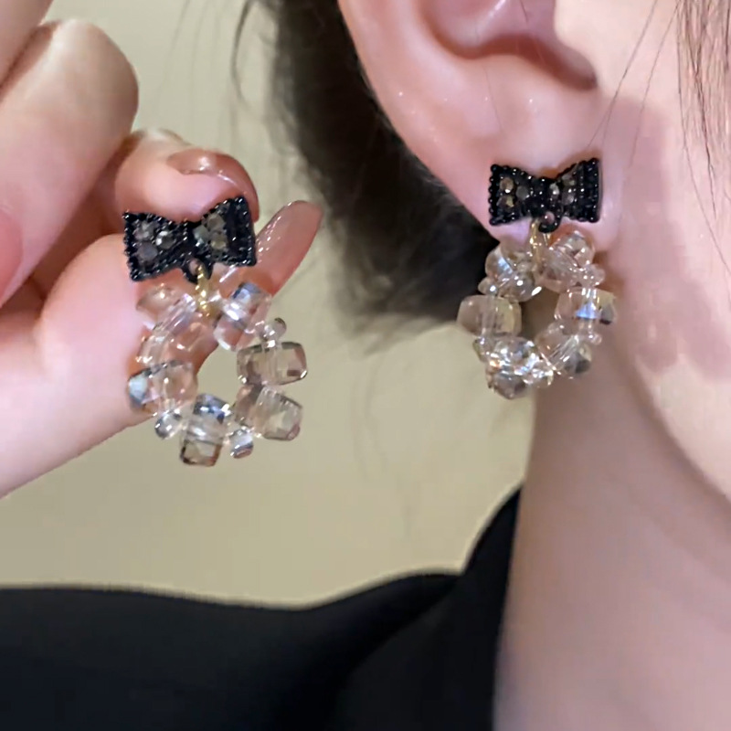 Black fresh transparent cute fashionable elegant earrings with bow