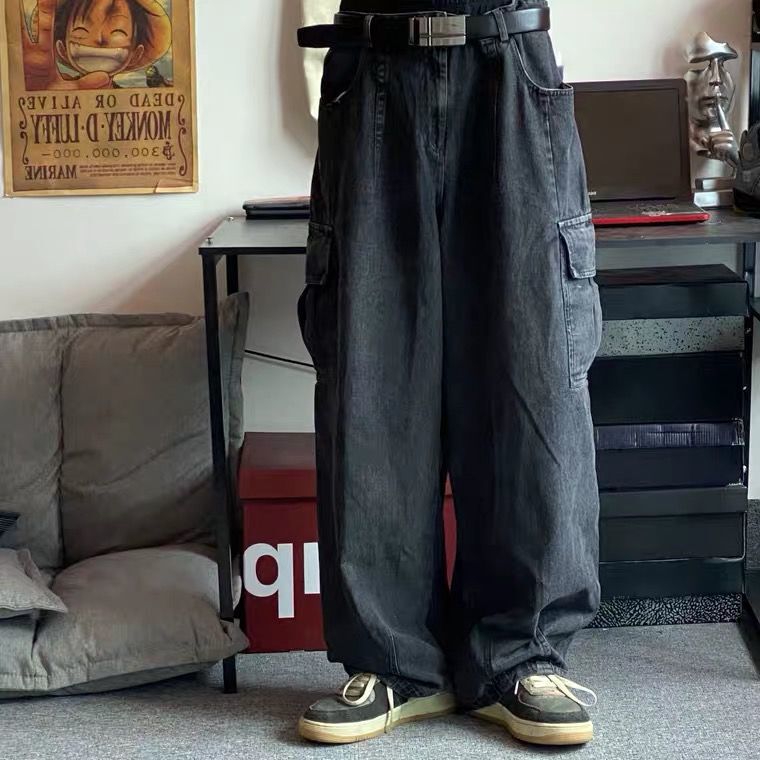 Vintage washed loose wide-leg men's jeans BF draping mop lazy workwear large pocket straight dad pants