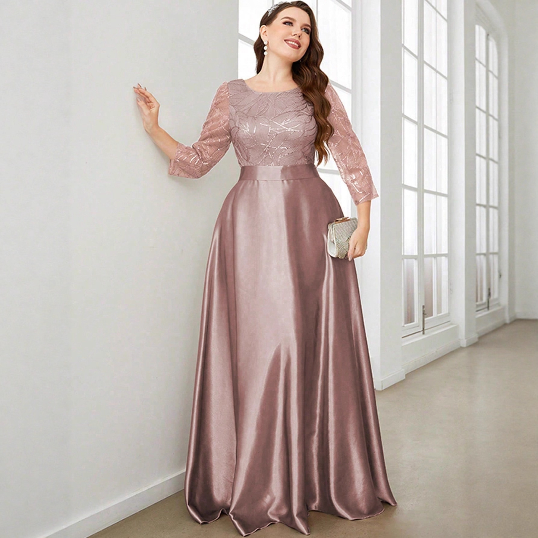 Vestido de cuello redondo de manga larga de diapositivas, vestido de satin, vestido de noche, vestido de baile, vestido de color sólido, mujer