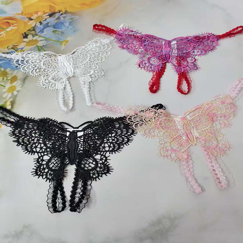 "Pure Desire Ceiling" Butterfly Lace Hollow-Out Thong with Thin Straps, Sexy Hot Girl Sheer Low-Waist T-Pants