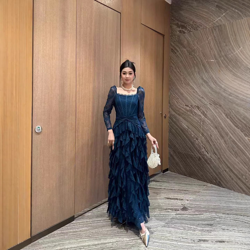 High-End Evening Gown Long Dress 2026 Women's Long-Sleeve Lace Hollow-Out Embroidered Ruffle Wave Hem Dress High-End Evening Gown Long Dress 2026 Women's Long-Sleeve Lace Hollow-Out Embroidered Ruffle Wave Hem Dress