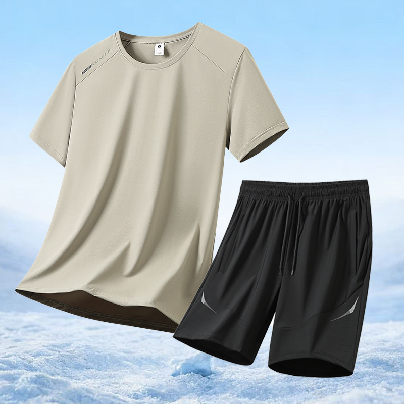 Sports and Leisure Ice Silk Quick-Drying Elastic Suit, Thin, Loose, Breathable Short-Sleeved T-Shirt and Shorts, Summer Men's Suit