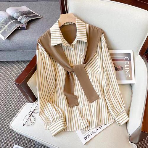 Fake two-piece vertical striped shirt for women spring new style women loose lapel chic long-sleeved shirt fashion