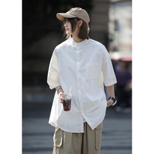 胖mm白色立领短袖衬衫女夏季宽松休闲新中式日系复古衬衣大码女装