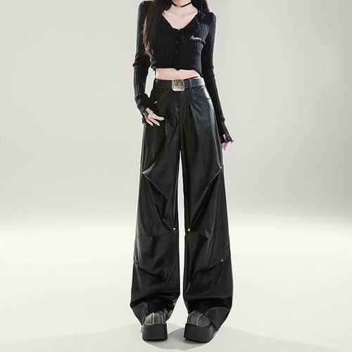 Black High-Waisted Slim Wide Leg Leather Pants for Women, Fashion Design, Unique, Floor-Length Pants for Spring and Autumn 2025