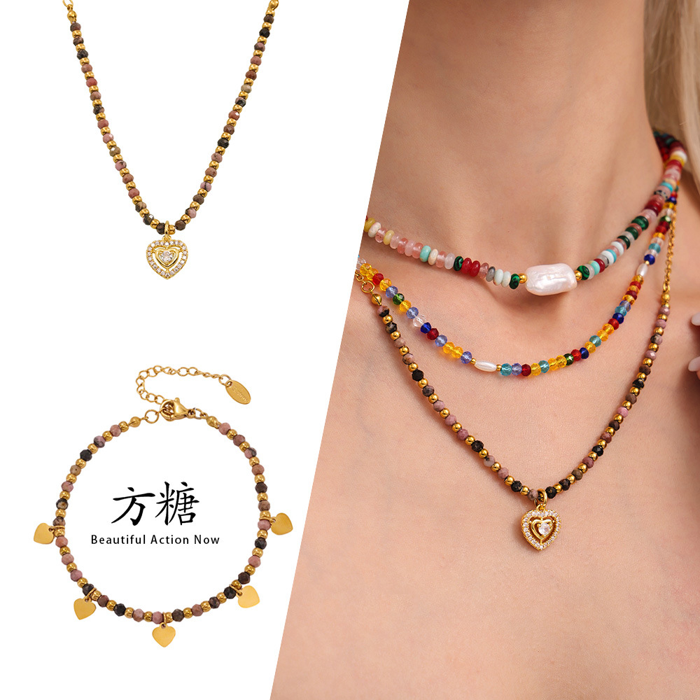 Collar con cuentas de piedra natural de azúcar, colgante de circón con incrustaciones de amor, pulsera de cadena de clavícula, conjunto de joyería para mujer francesa