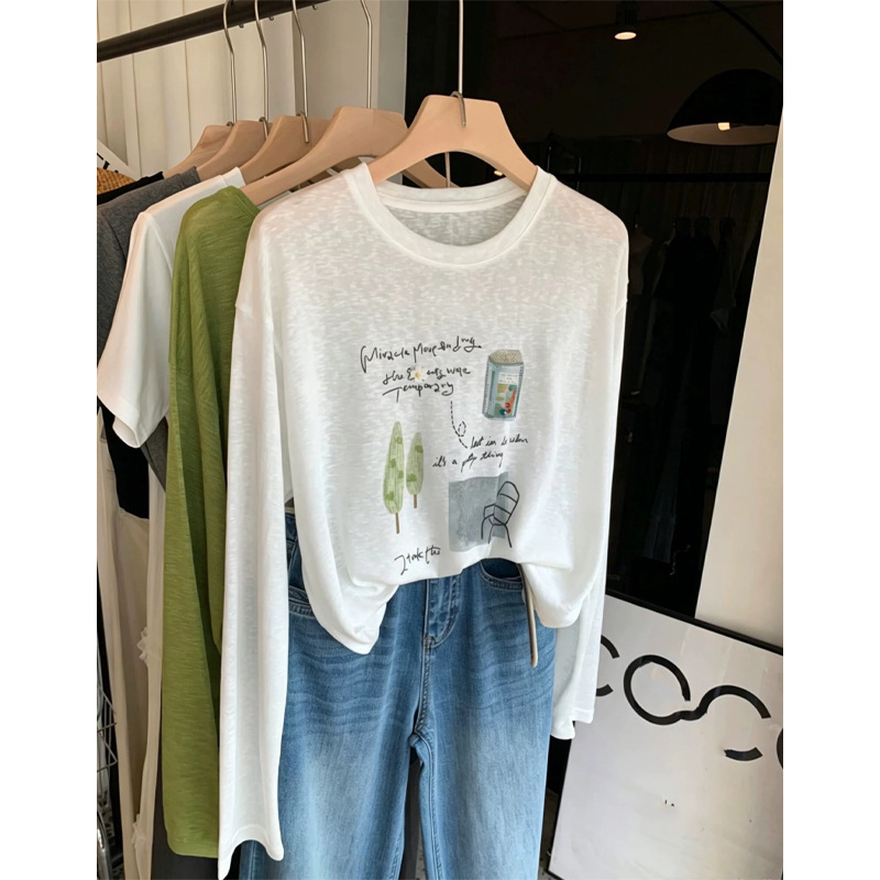 Korean Dongdaemun printed white snowflake cotton t-shirt for women, summer thin, slightly transparent, cool, loose-fitting, sun-protective top