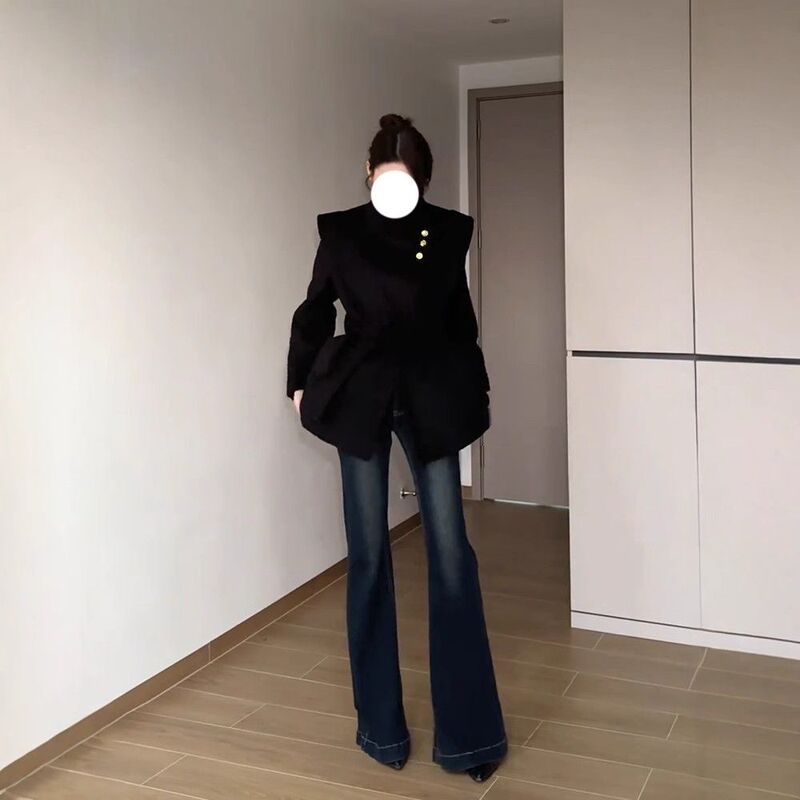 Dark Blue Flared Pants for Women, Autumn and Winter 2025 New Style, Stretchy Denim Slim Fit Bootcut Pants