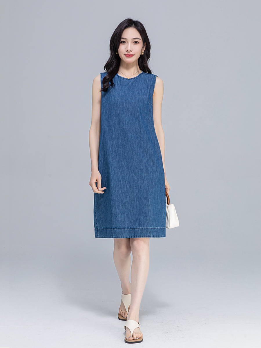 Váy denim ống thẳng cổ tròn không tay dáng rộng — Màu xanh lam