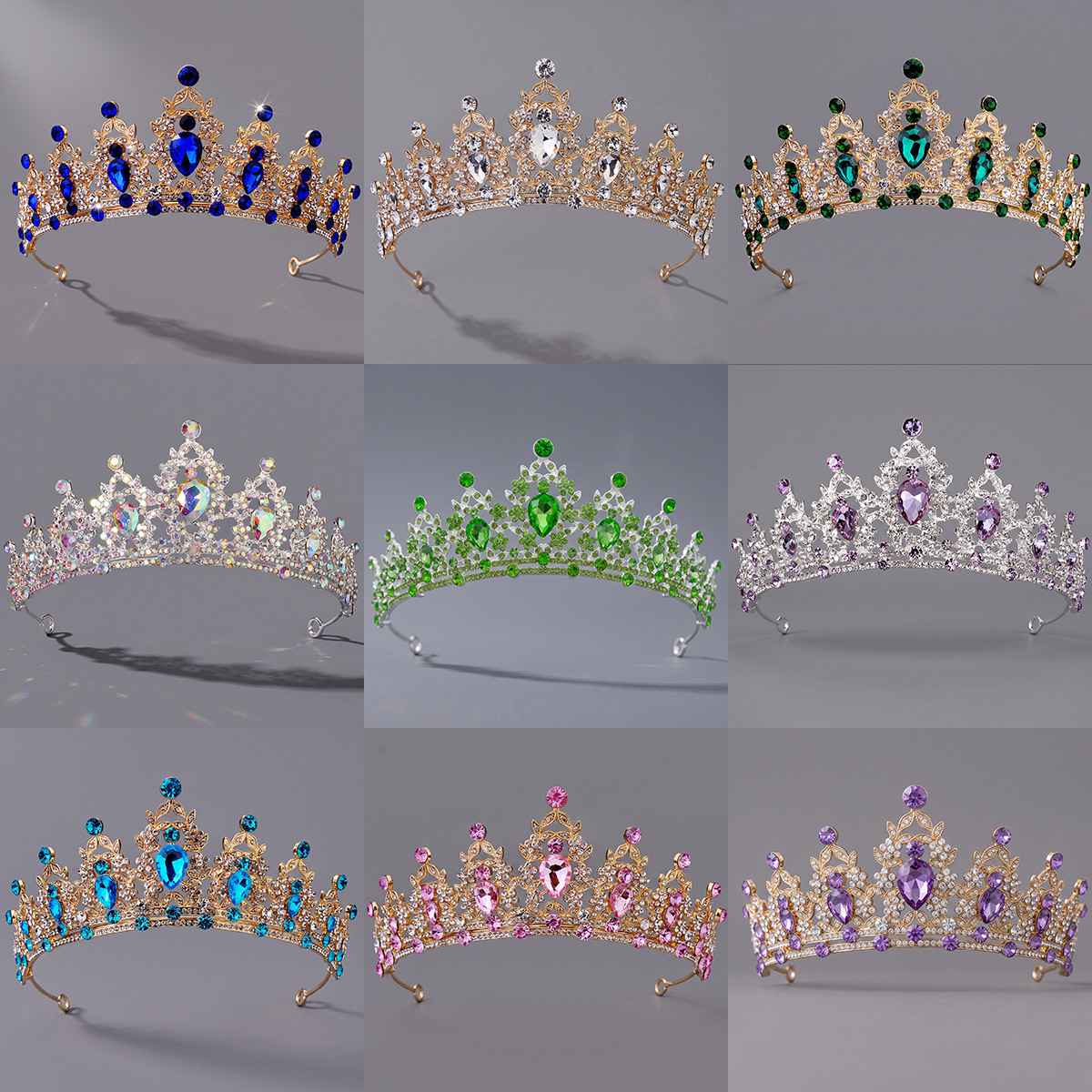 Corona de aleación con diamantes de colores retro, tocado nupcial de lujo ligero, para vestido de novia, vestido de noche, corona para desfile de moda, venta al por mayor directa de fábrica. image 3