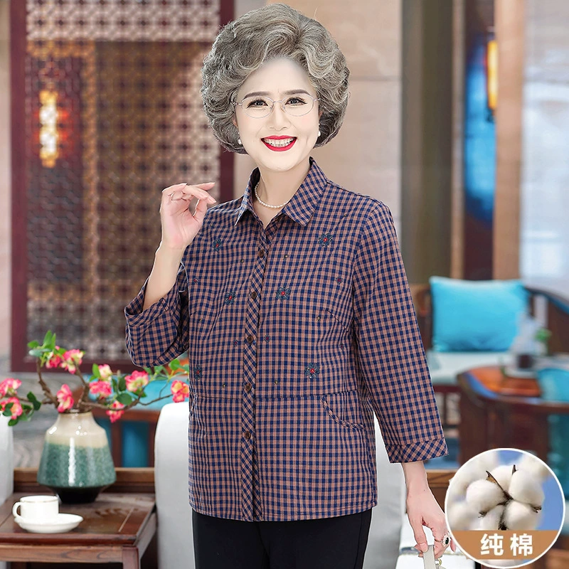 Пожилые люди из хлопчатобумажной клетчатой рубашки женские весенние и летние семиминные рукава женские топы