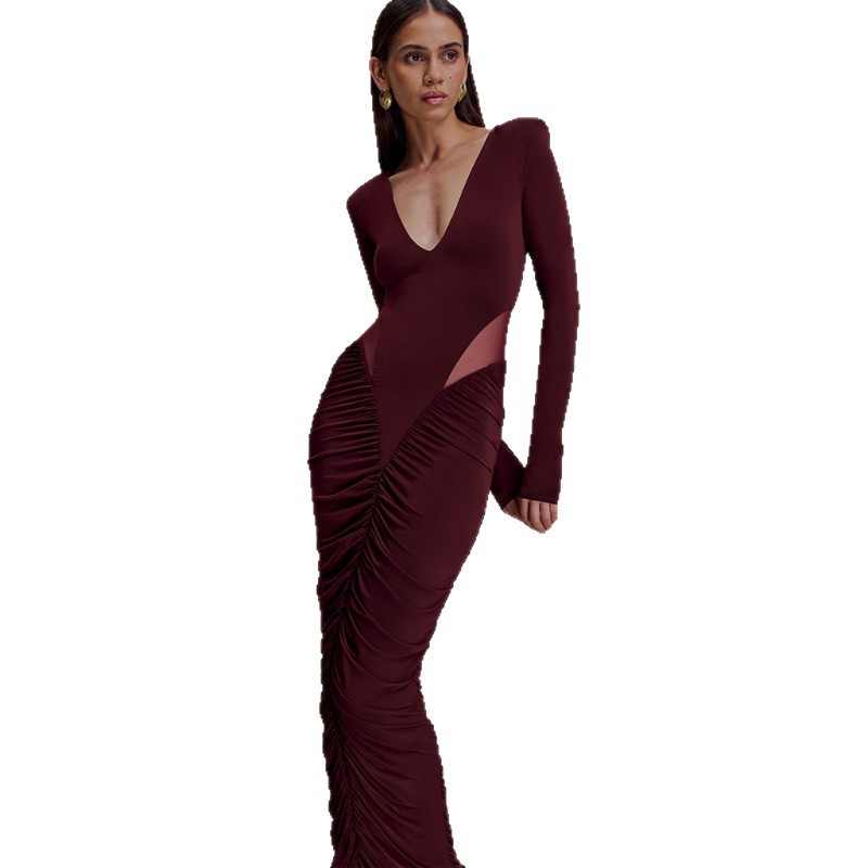 Europa y América transfronterizos otoño / invierno 2025 nuevo color sólido de manga larga profunda V-collar sexy vestido de cadera vacío para mujeres image 6