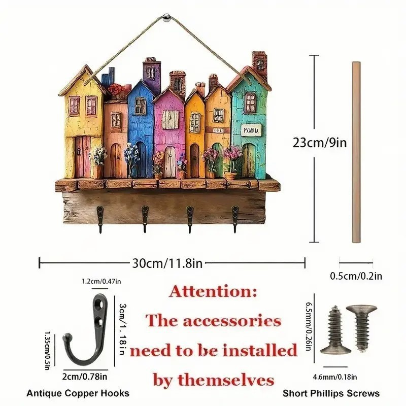 新着カラフルな木製キャビンキーハンガーフラットグラフィックデザインリビングルームの装飾木製置物キーハンガー|undefined
