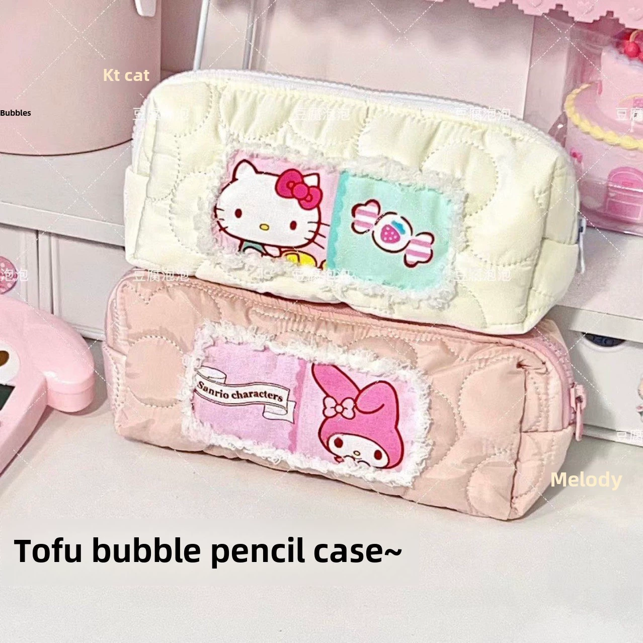 Плюшевый пенал (Hello Kitty) большой емкости пушистый дизайн, цветочный кант, школьные принадлежности