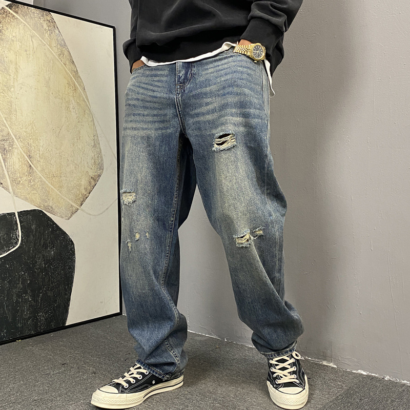 American-style Casual Puppies Handsome Washed Ripped Jeans for Boys Loose Plus Size Trendy Brand Straight All-match Wide-leg Pants