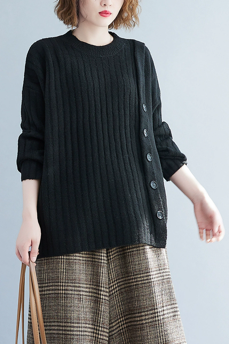 Knitted winter sweater, Korean style, round neck, plus‑size loose fit, rib knit with side buttons