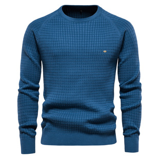 European Size Cross-Border Foreign Trade 2024 Autumn and Winter New Men's Sweater, Solid Color Base Plaid Pullover Knit Sweater for Men, High Elasticity