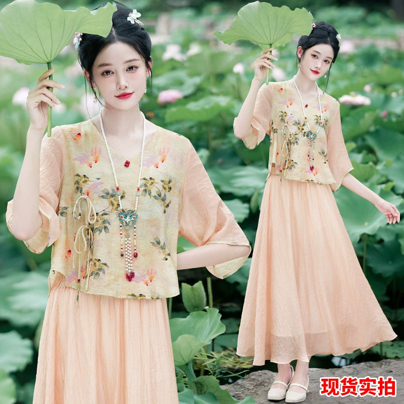 Настоящая фотография нового китайского стиля с восточным темпераментом династии Хань, китайская женская одежда, костюм Тан, пластина с пуговицами, косые лацканы, чайный костюм в национальном стиле, верхний костюм