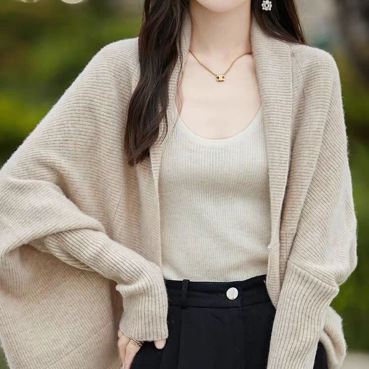 洋气时尚百搭纯色翻领蝙蝠袖披肩上衣女秋季宽松百搭针织开衫外套|undefined